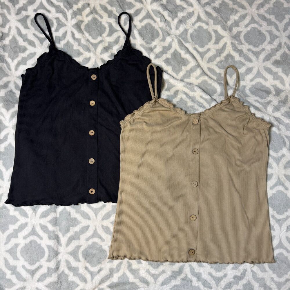 No Boundaries Juniors L Ribbed Faux Button Cami Bundle Black Brown Lettuce Hem